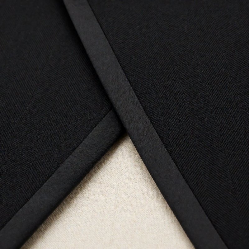 Macro of black barathea wool with satin lapel edge
