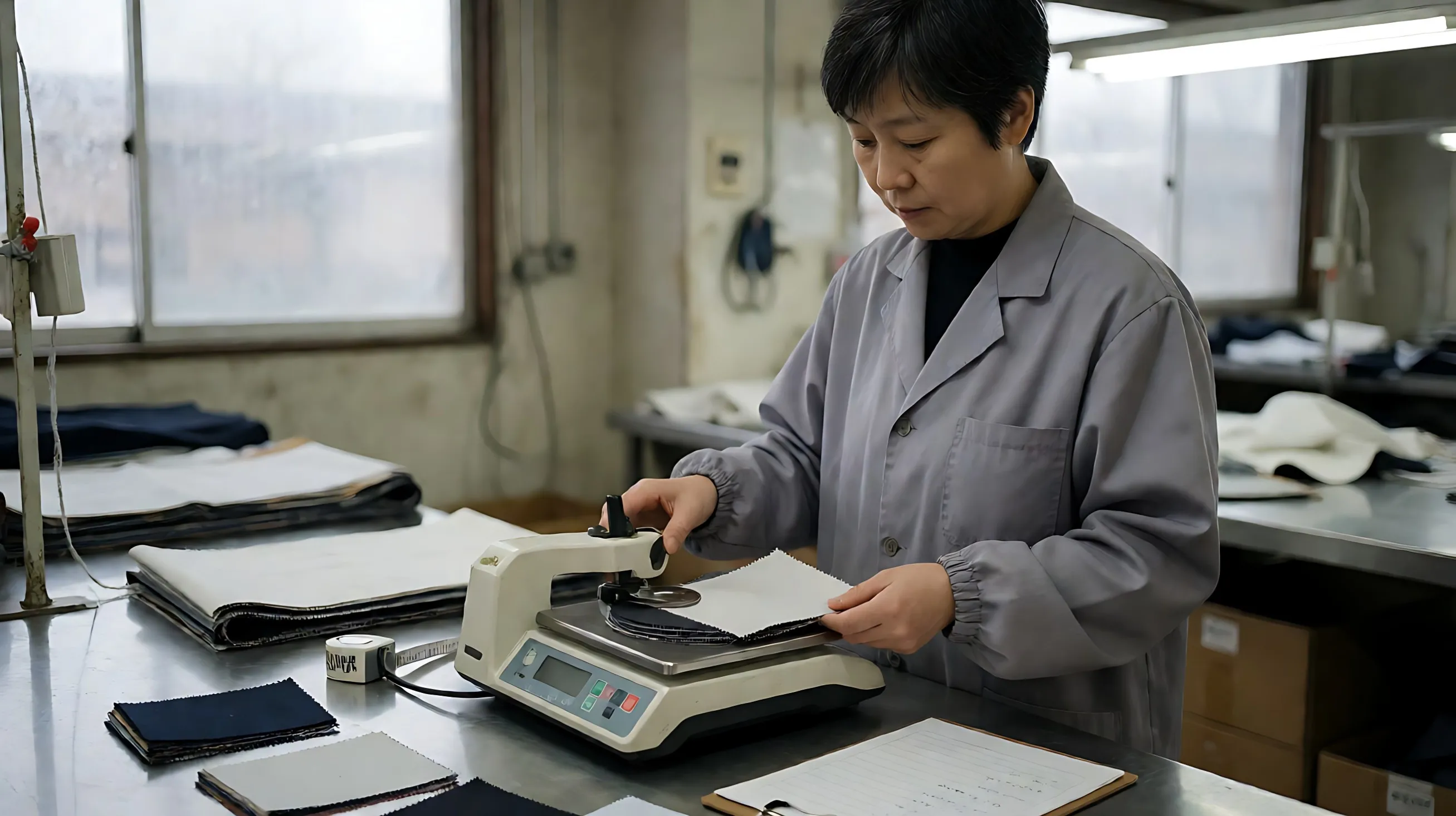QC technician weighing a fabric circle sample in a garment workshop