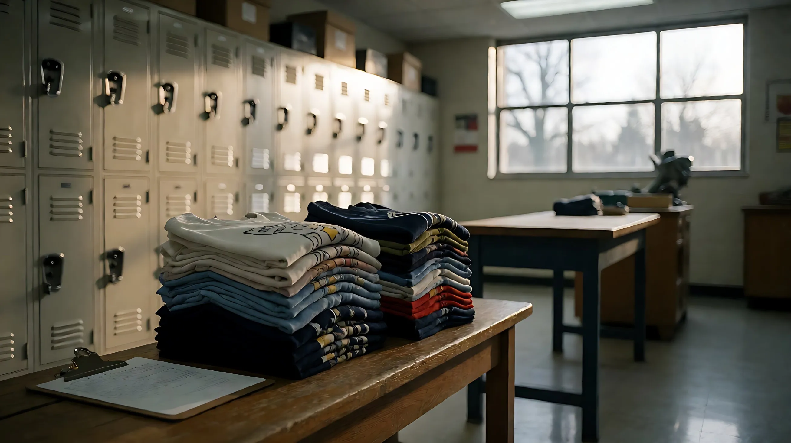 folded t-shirts in two school colours sit stacked in neat piles on a wooden bench beside a clipboard