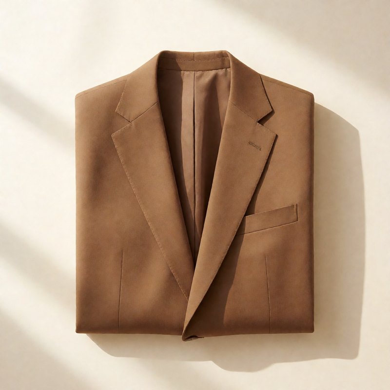 Camel brown jacket folded flat, top-down view