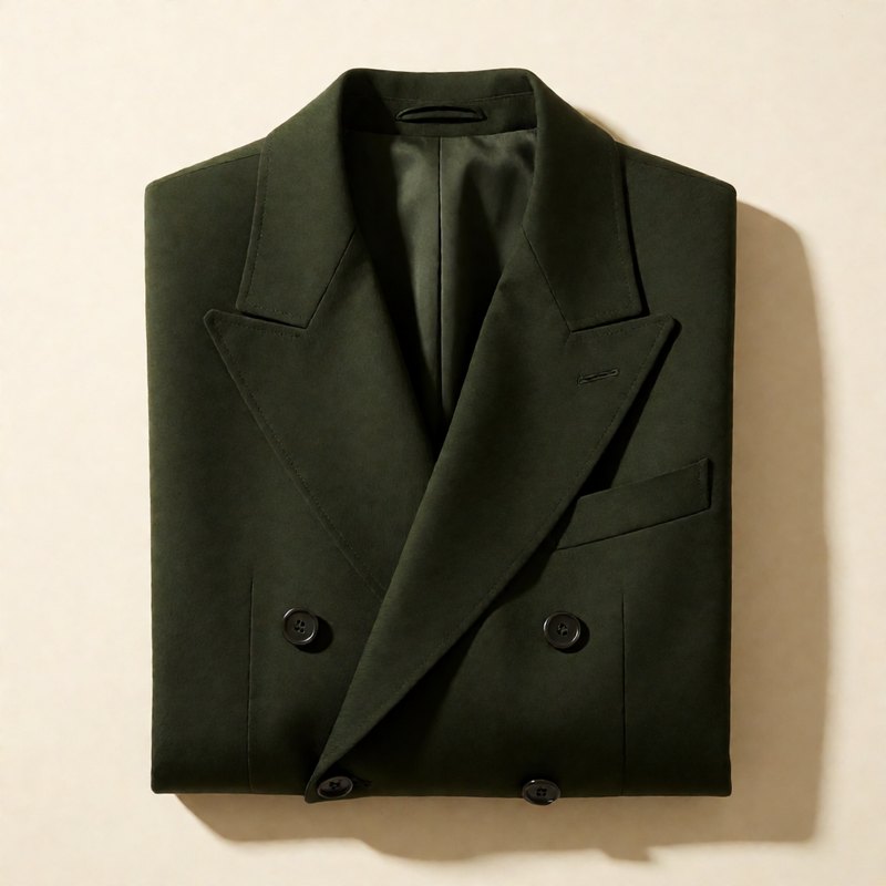 Army green double-breasted jacket folded flat, top-down view