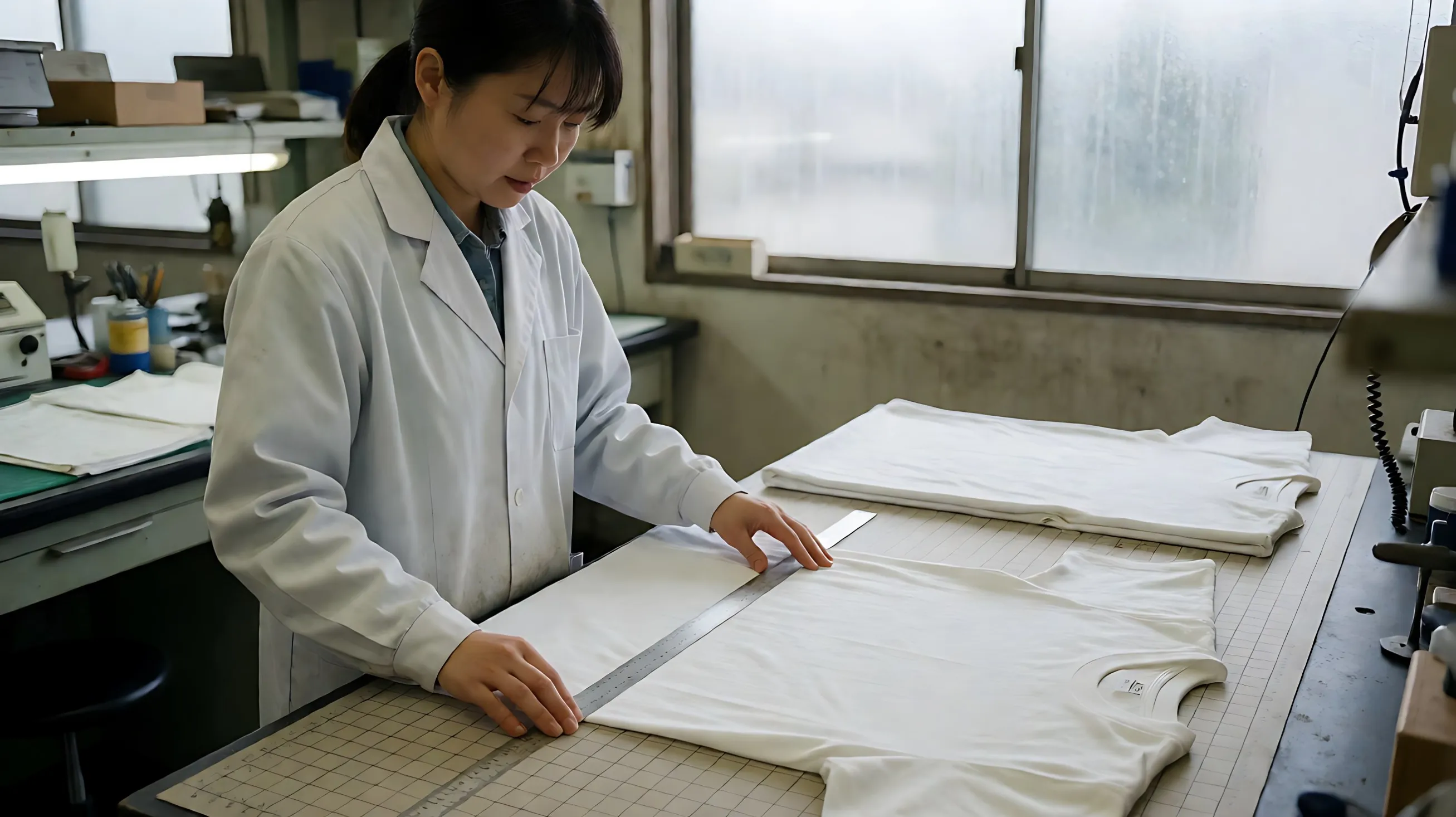 measures a freshly washed t-shirt flat on the grid, its unwashed twin folded beside it for comparison