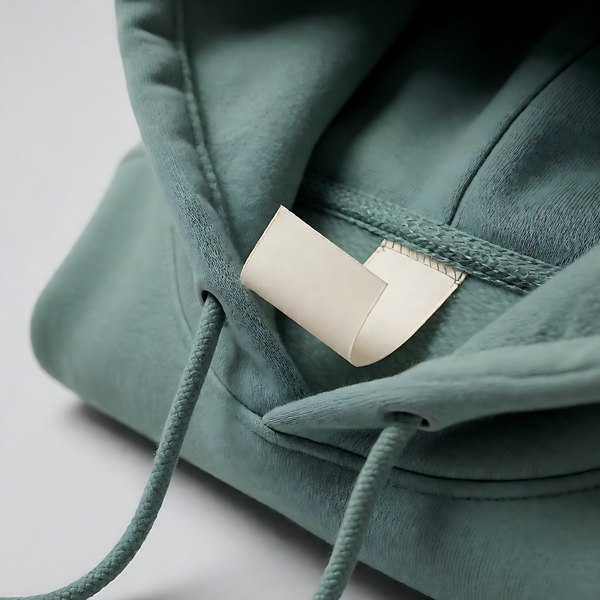 Tear-away care label being peeled from inside a garment