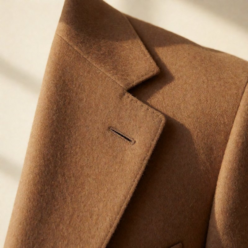 Close-up of the lapel and buttonhole in warm camel flannel