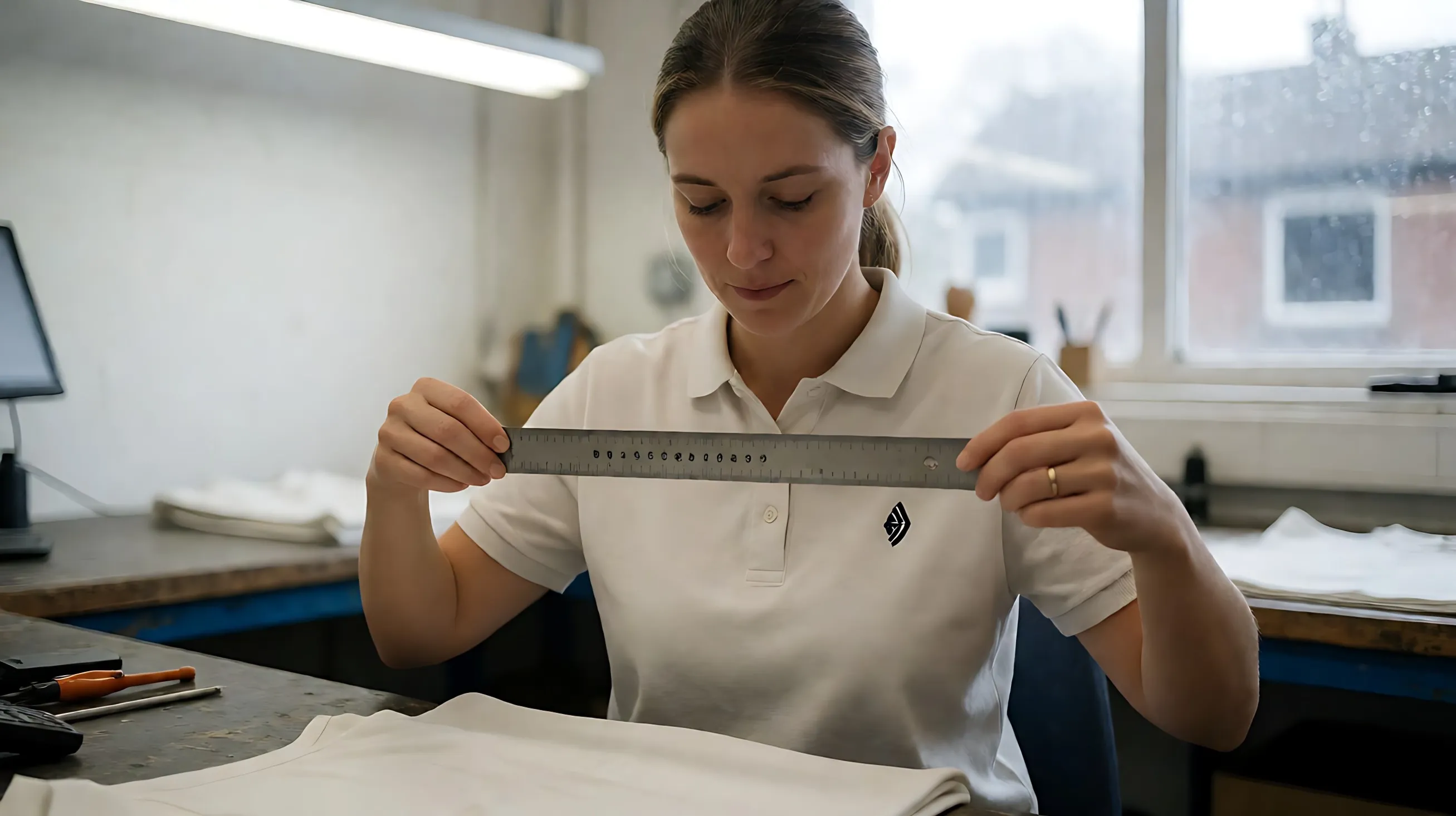 measures the distance from the collar seam to a chest logo with a steel ruler, reading the number toward herse