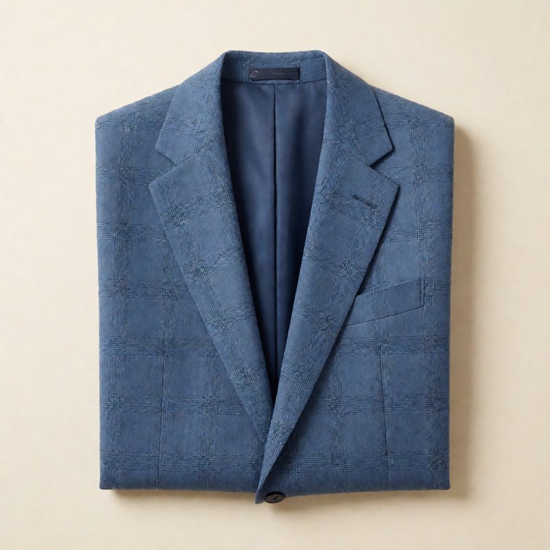 Blue check blazer folded flat, top-down view