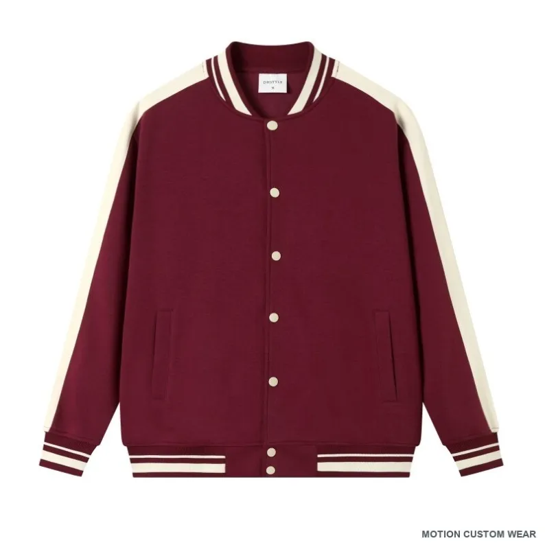Custom color-block baseball jacket in detail