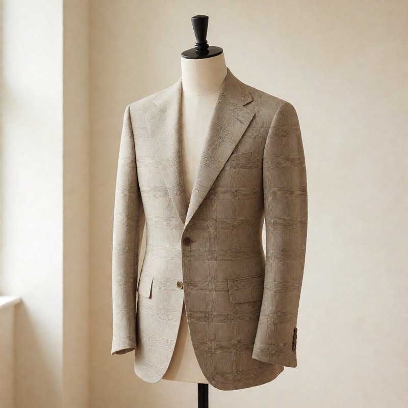 Oatmeal-wheat tonal check jacket on a dress form with peak lapel