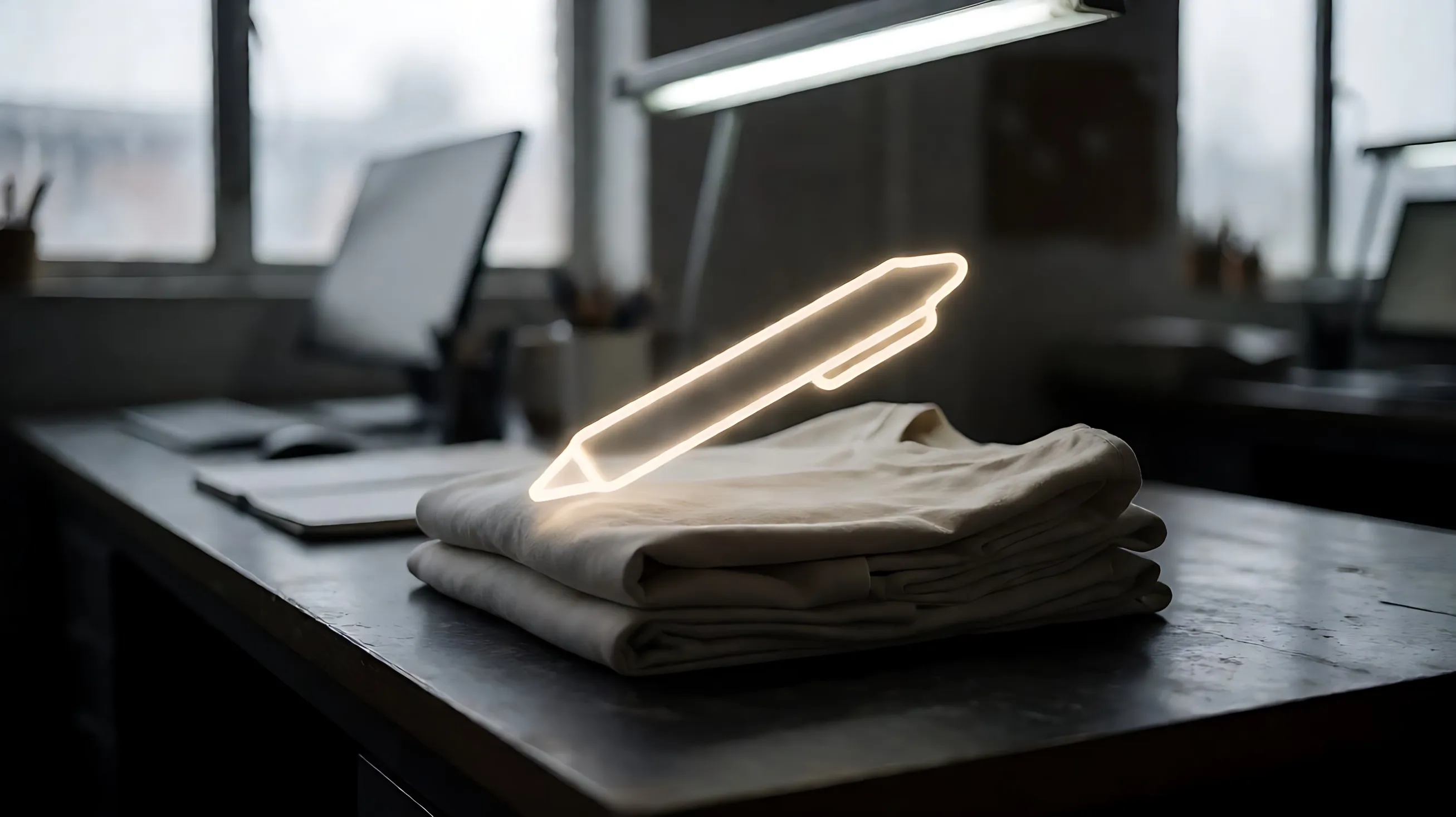 a folded stack of blank garments beneath a softly glowing vector pen-path shape drawn in light above it, minim