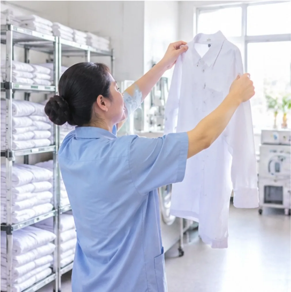 Uniform inspector checking a freshly washed white shirt in a commercial laundry