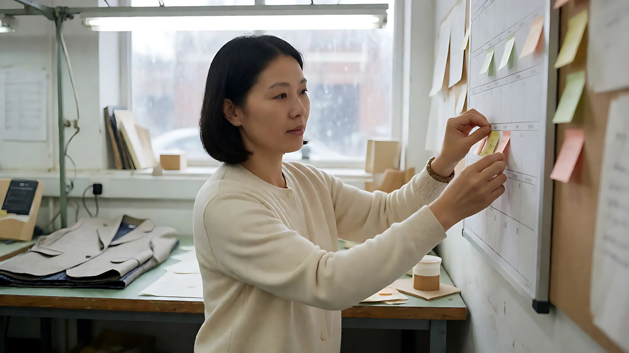 sticks plain coloured tabs onto the board's grid, a folded sample garment and a small model container on the d