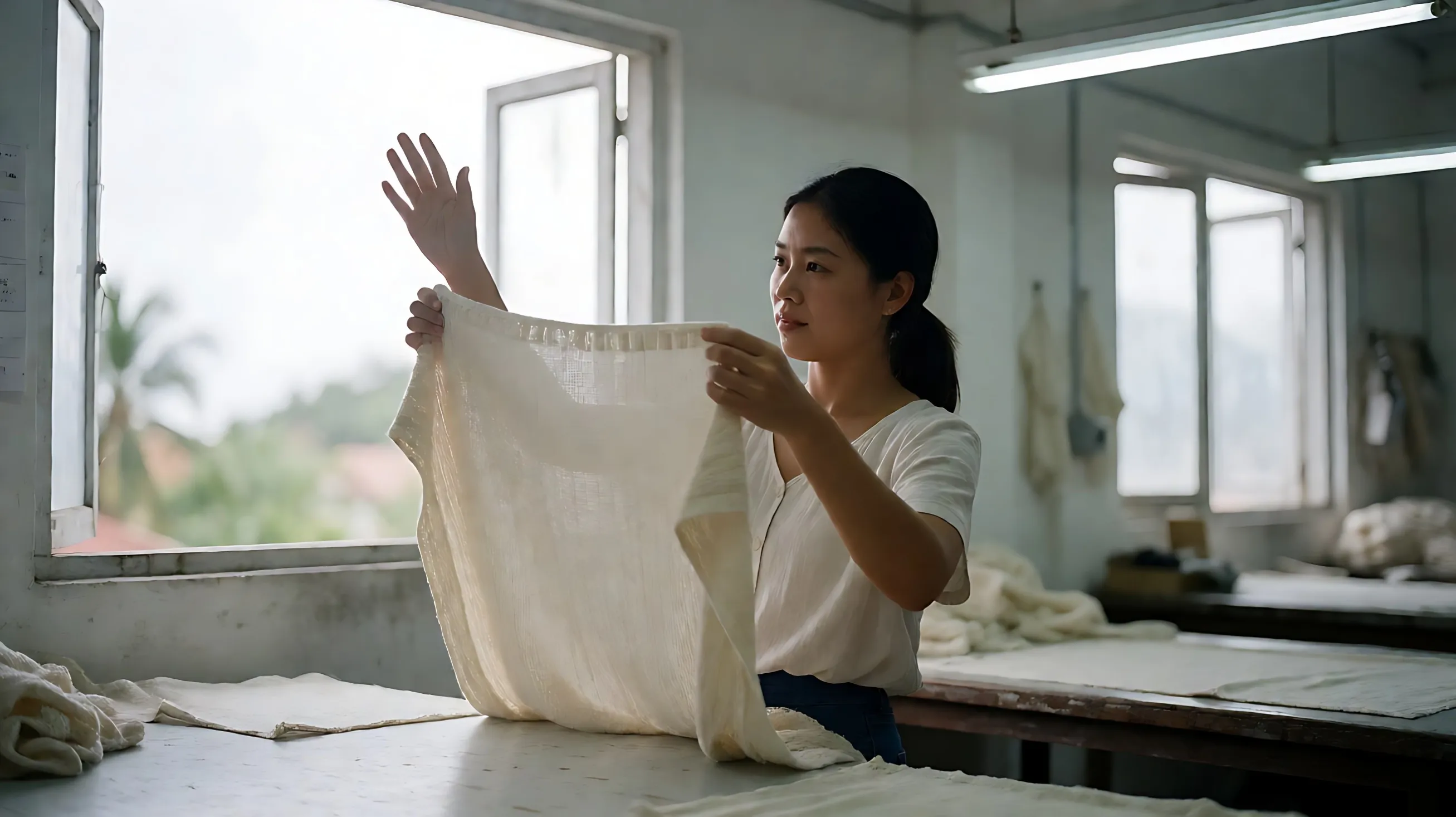 holds a lightweight knit fabric up toward the window light, judging its weave while palm shadows move on the w