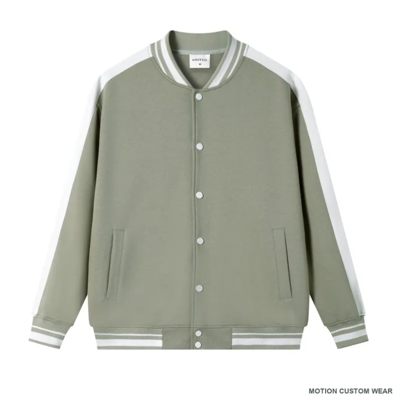 Custom color-block baseball jacket in angle