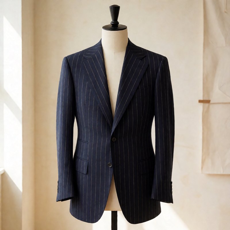 Deep navy pinstripe suit jacket on a dress form with peak lapels