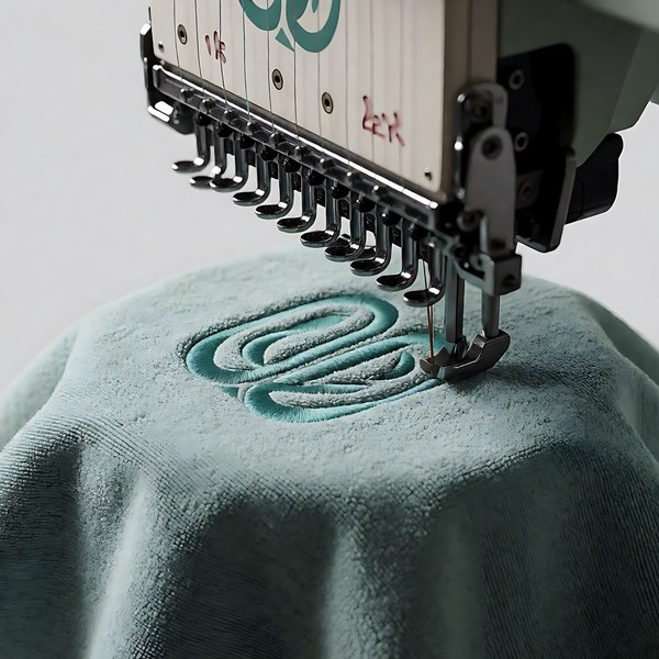 Industrial embroidery machine stitching a custom design