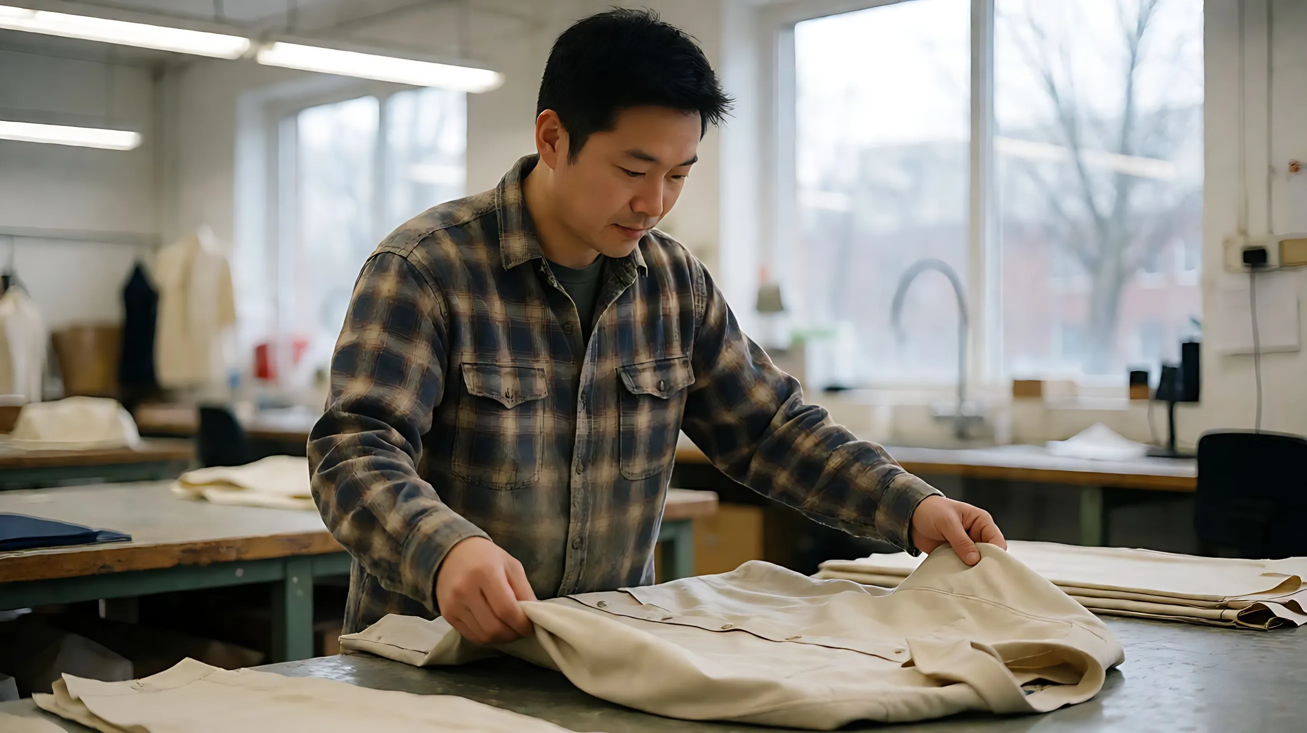 lifts out garments in visibly different sizes, laying them across the bench in a size curve