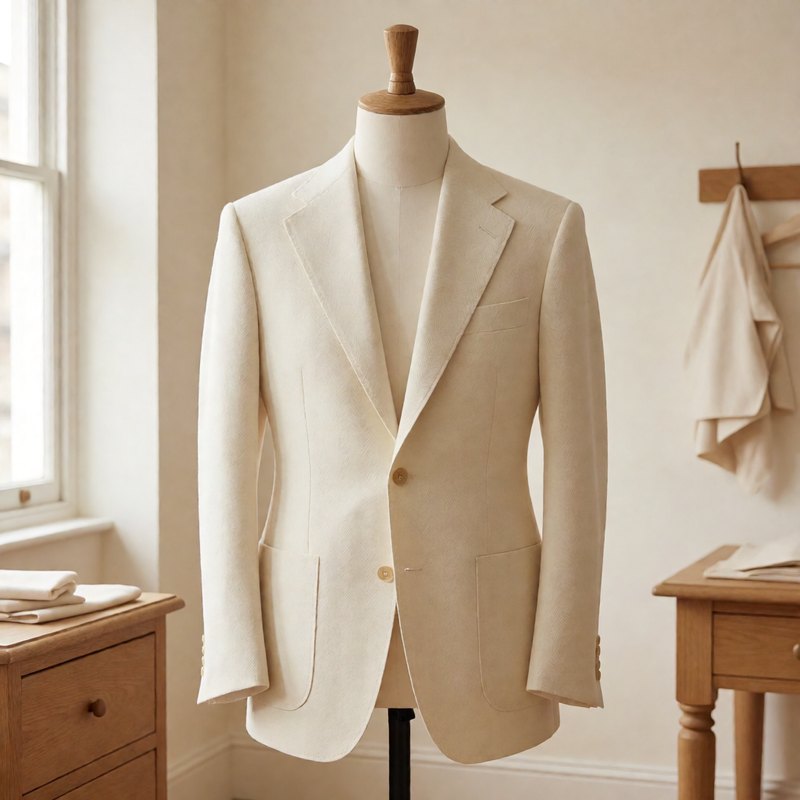 Ivory herringbone blazer on a dress form with notch lapels