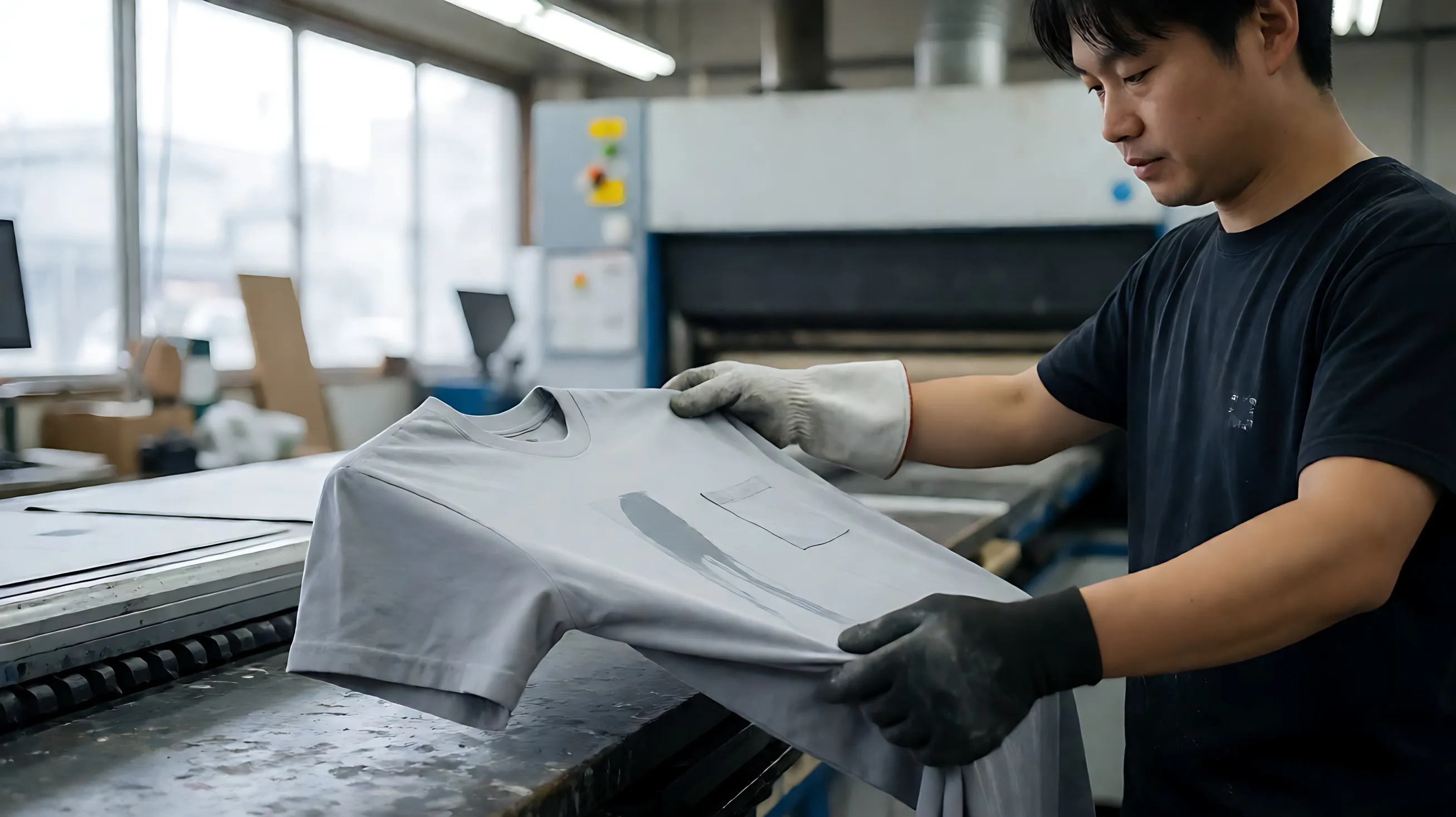 stretches a freshly printed t-shirt panel between both hands, inspecting the ink surface as it flexes