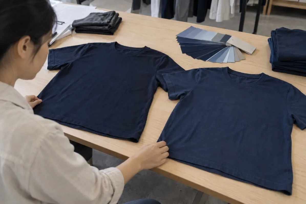 Two navy t-shirts side by side showing subtle shade variation from different dye lots