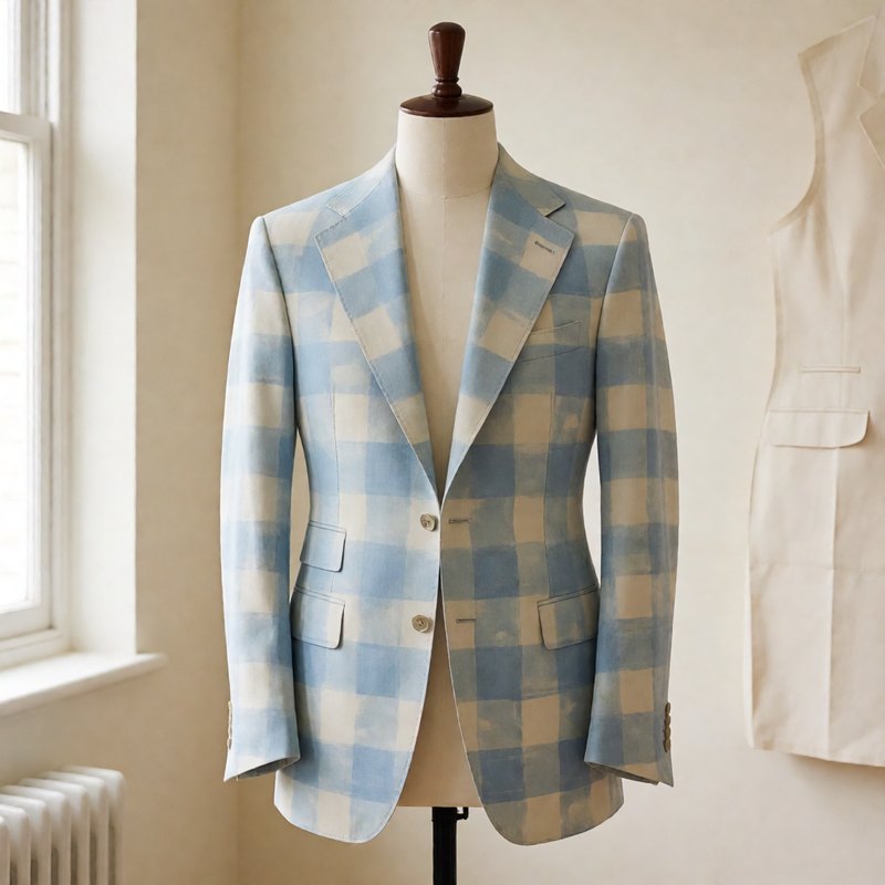 Soft blue watercolor check blazer on a dress form with notch lapels