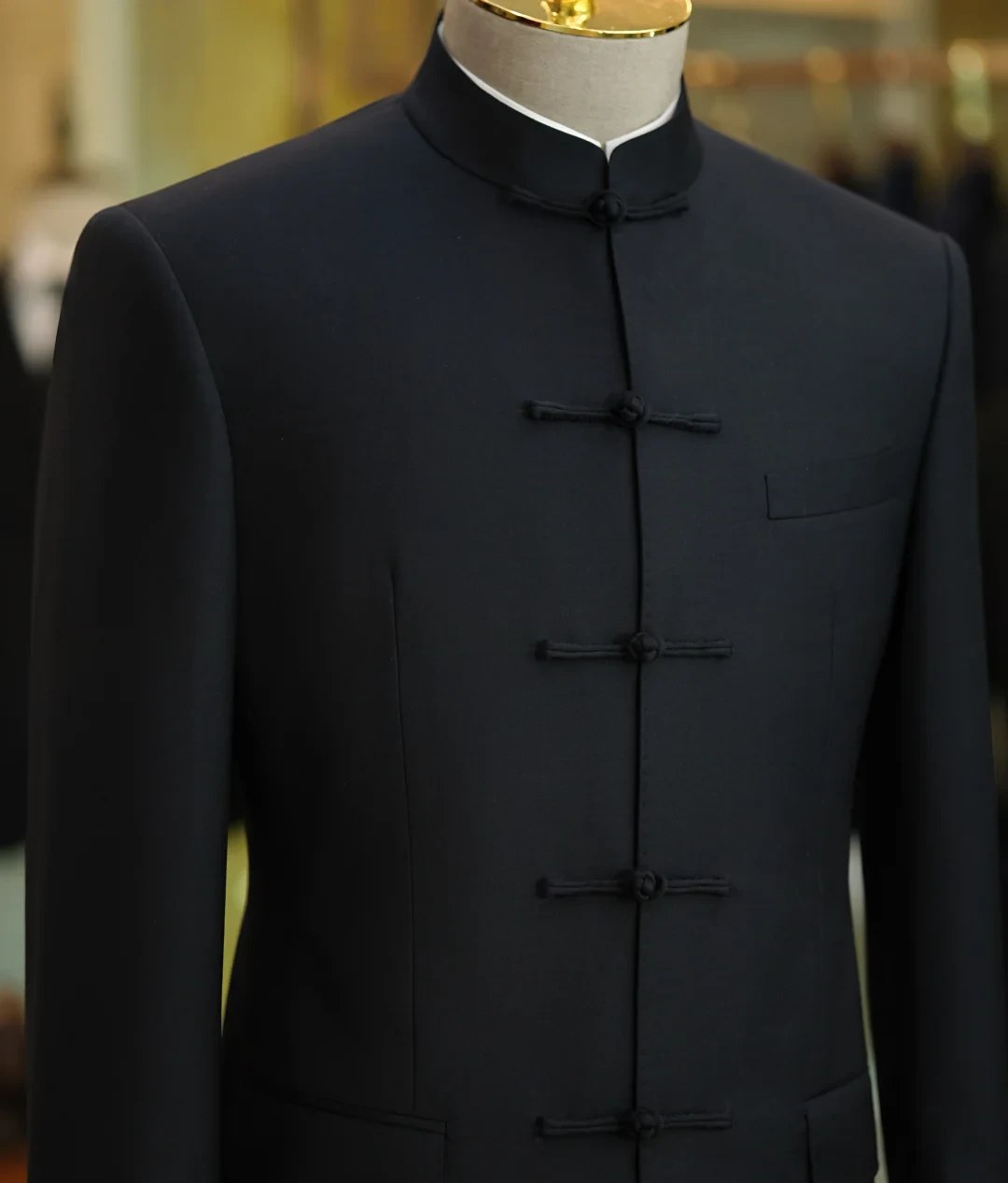 Navy mandarin-collar suit front view