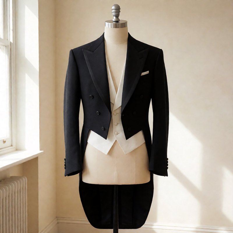 Black tailcoat on a dress form with satin lapels and cut-away front