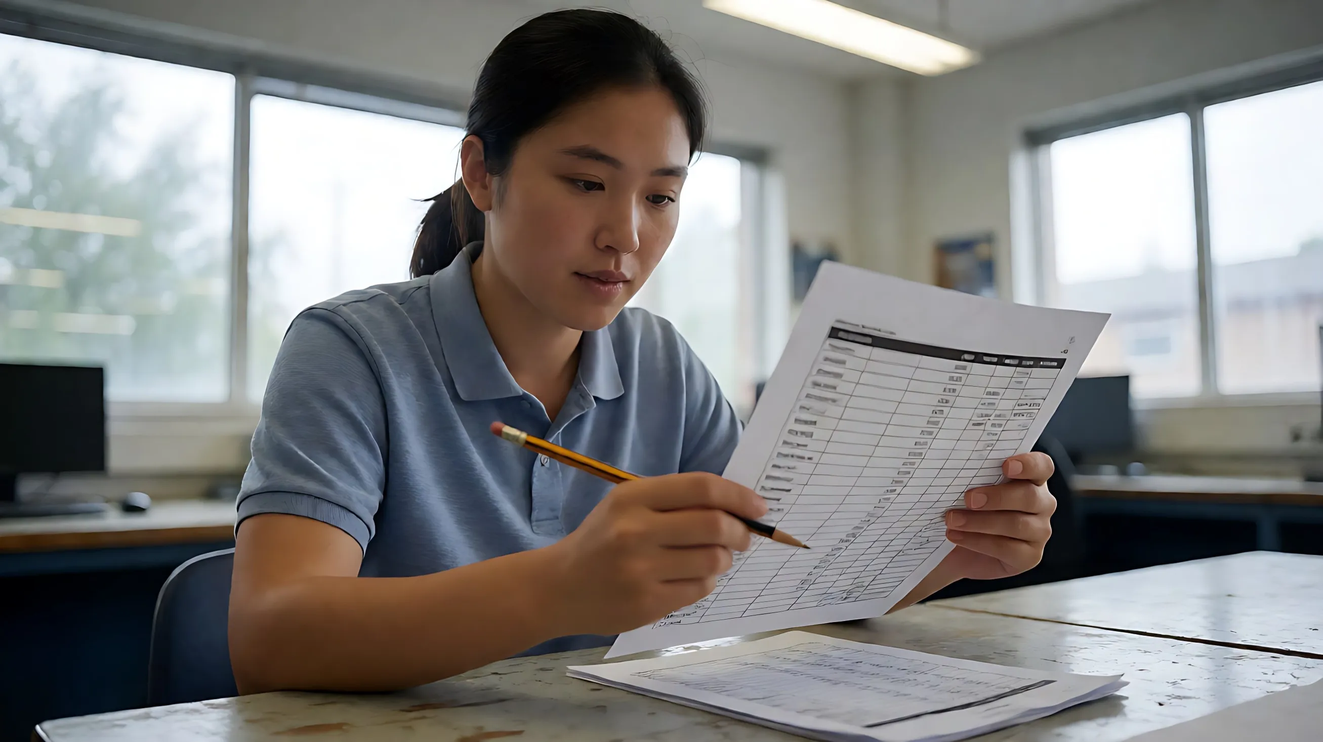 cross-reads a printed roster against a spreadsheet printout, both pages angled toward herself, a pencil in han