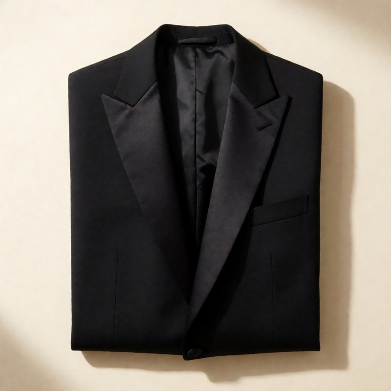 Black tuxedo jacket folded flat, top-down view