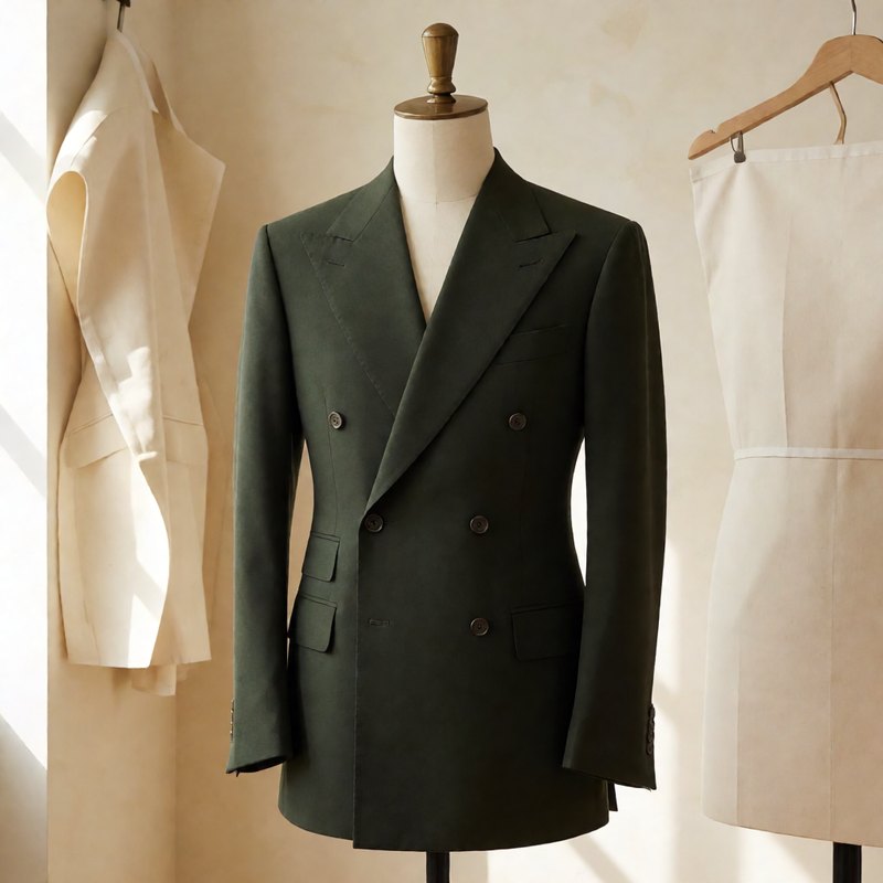 Deep army green double-breasted jacket on a dress form with peak lapels