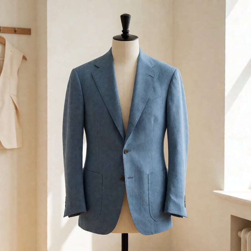 Lake-blue silk-linen suit jacket on a dress form with patch pockets