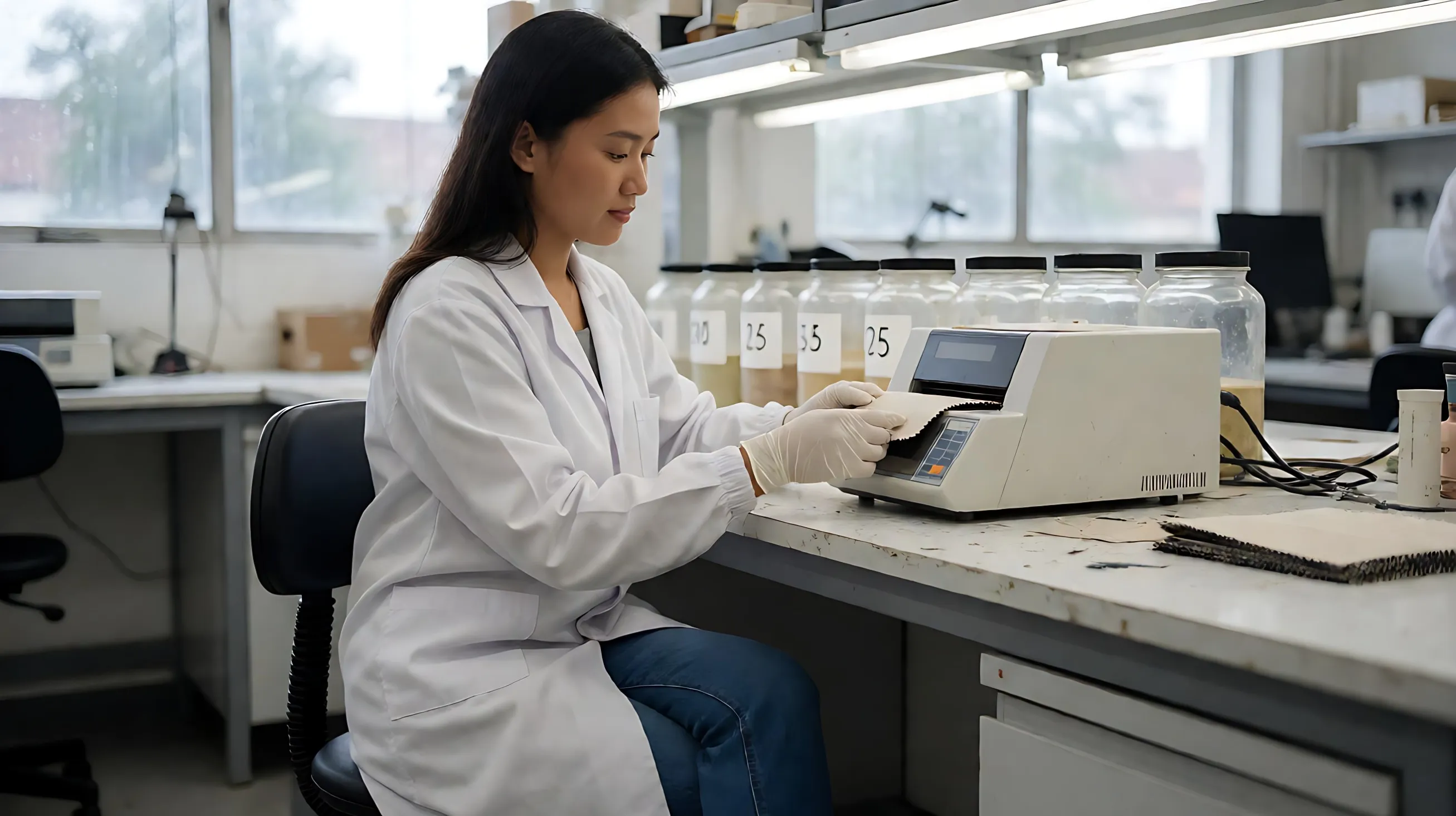 feeds a fabric swatch into a compact testing apparatus, a row of numbered but unreadable specimen jars behind