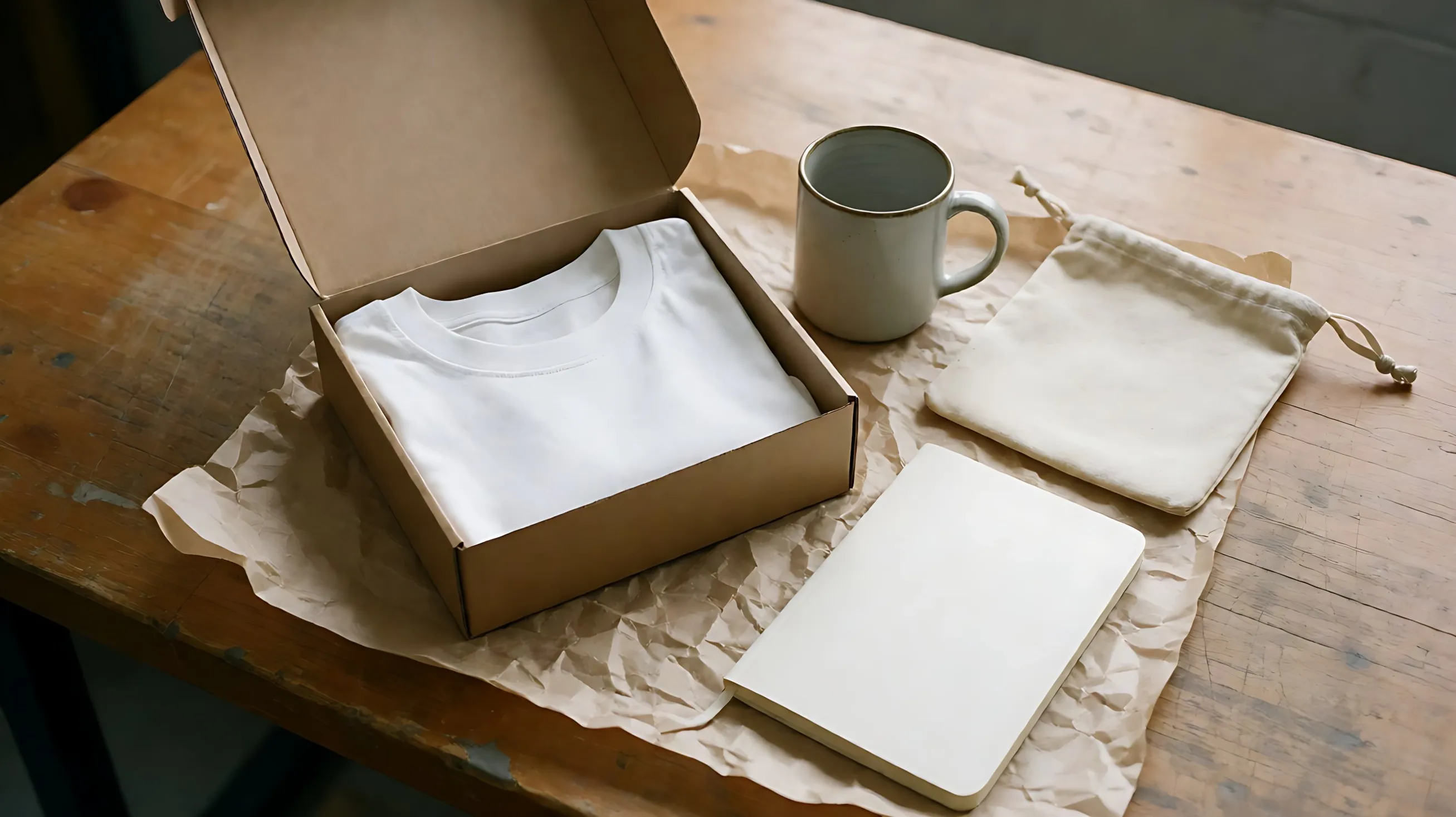 an open kraft gift box holds a folded blank t-shirt, a plain ceramic mug, a blank notebook and a canvas pouch