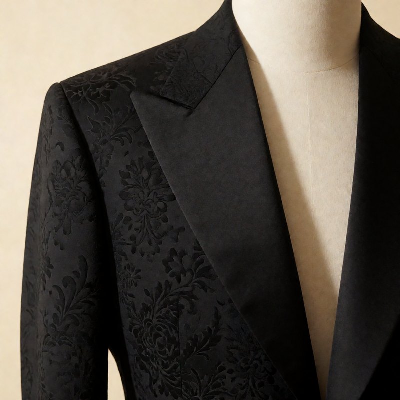 Close-up of the satin peak lapel and covered buttons over tonal jacquard