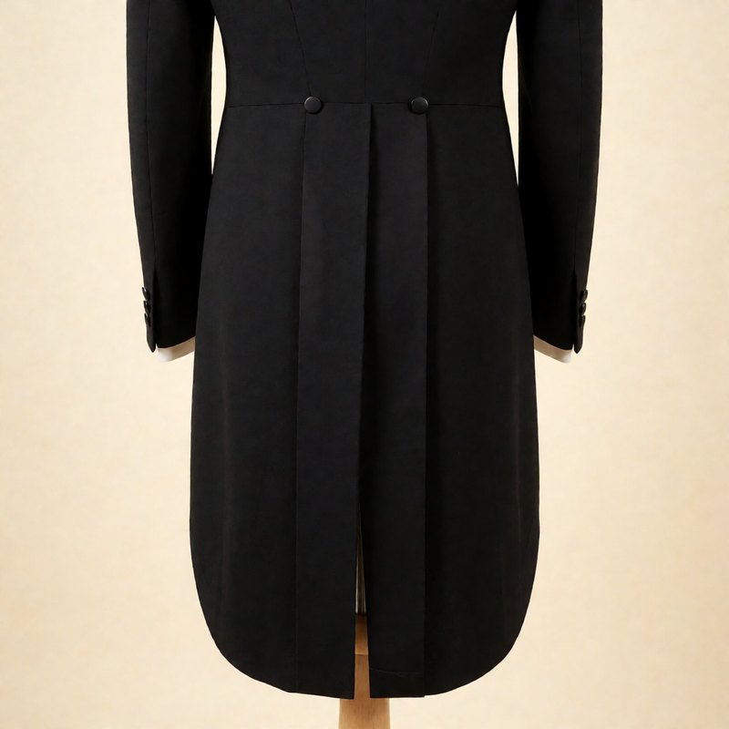 Back view of the tailcoat showing cut-away waist and long tails