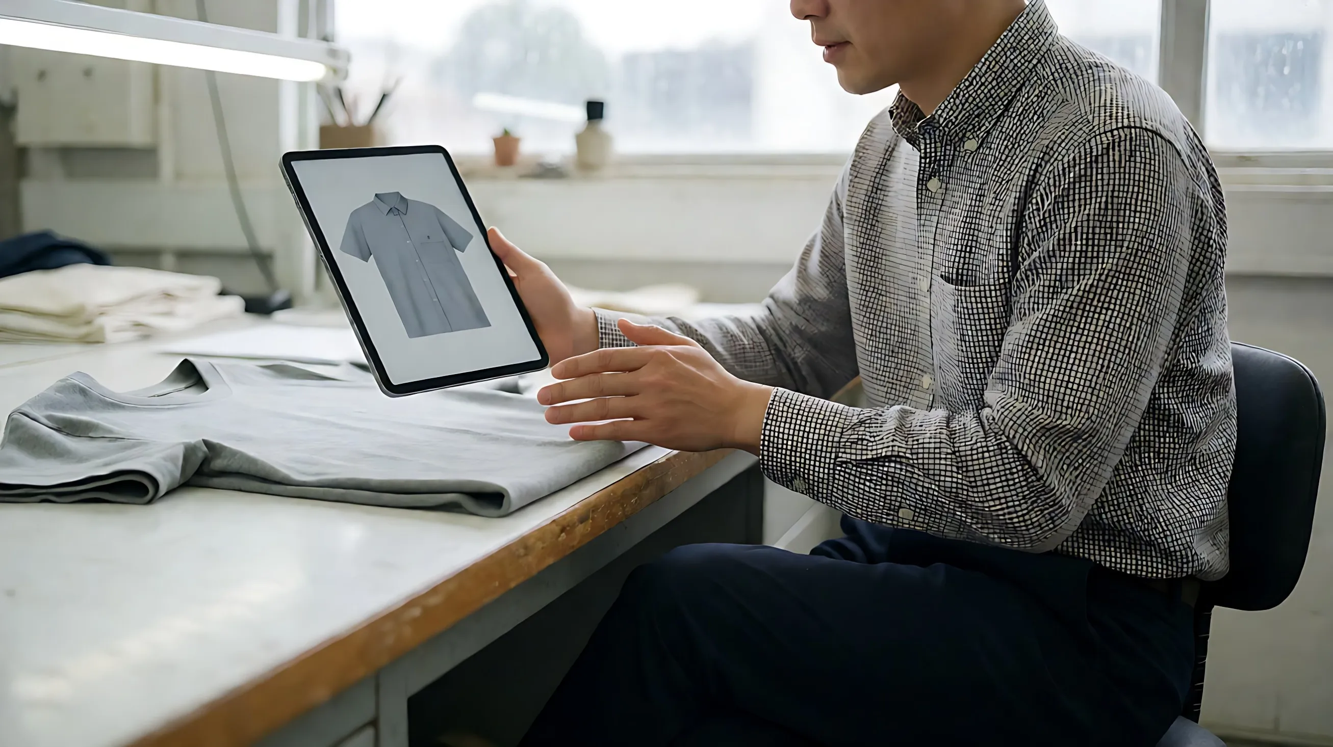 holds a tablet showing a flat garment render beside the real folded t-shirt, comparing the two