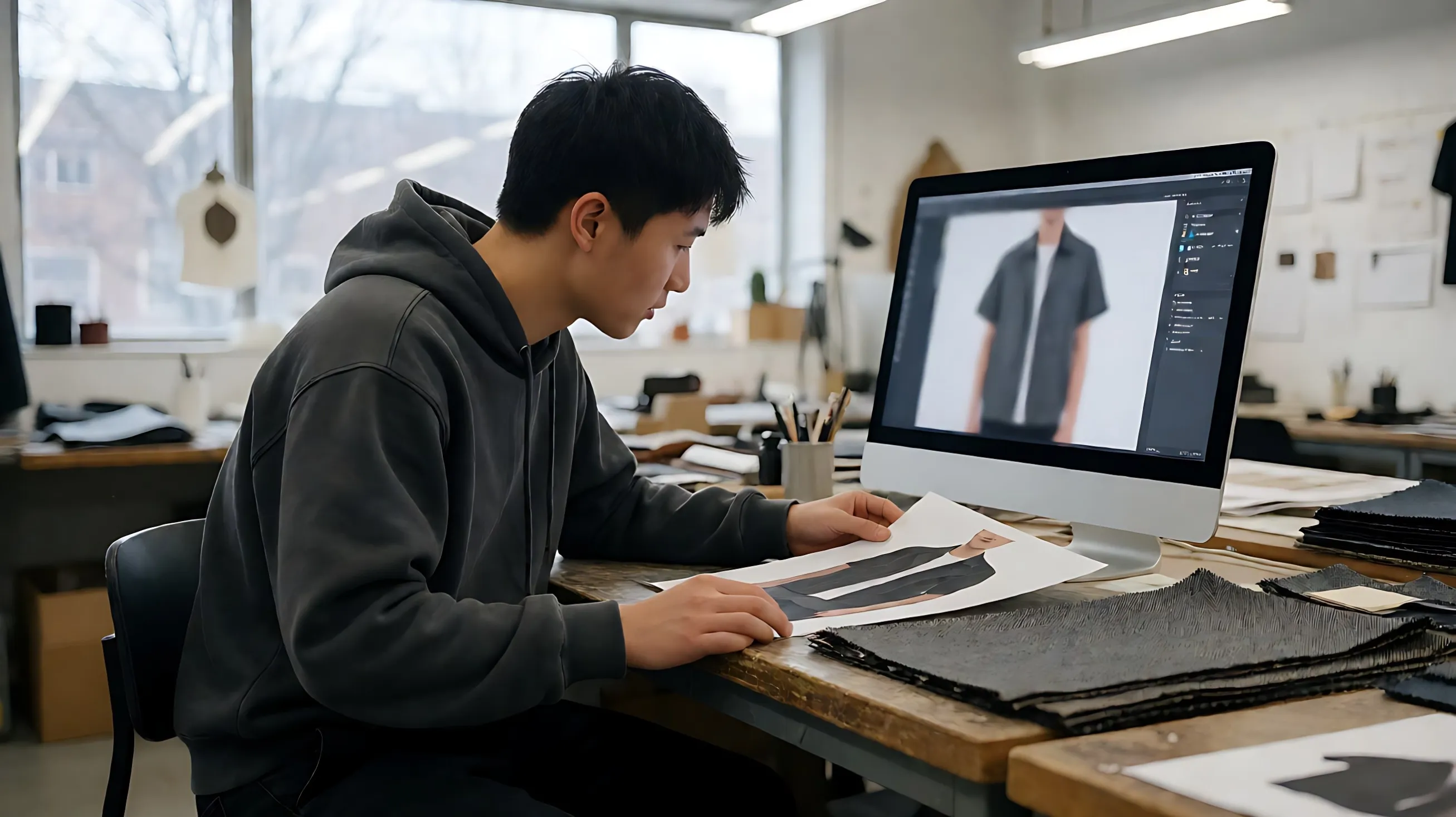 compares a monitor showing a blurred garment render against the physical printed sample lying on the desk, scr