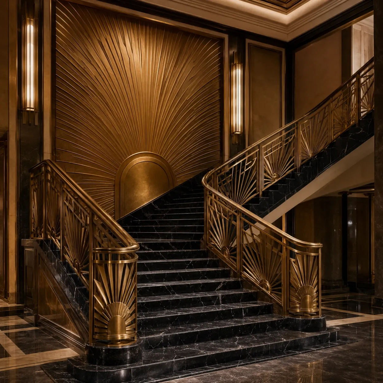 luxury-hotel-lobby-antique-gold-brass-sunburst-staircase-handrail