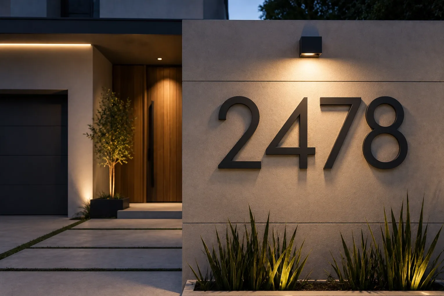 big modern house numbers on contemporary exterior wall