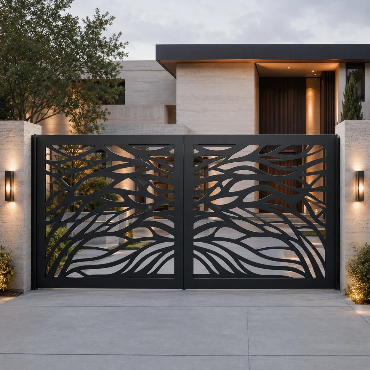 contemporary-home-black-aluminum-branch-pattern-driveway-gate