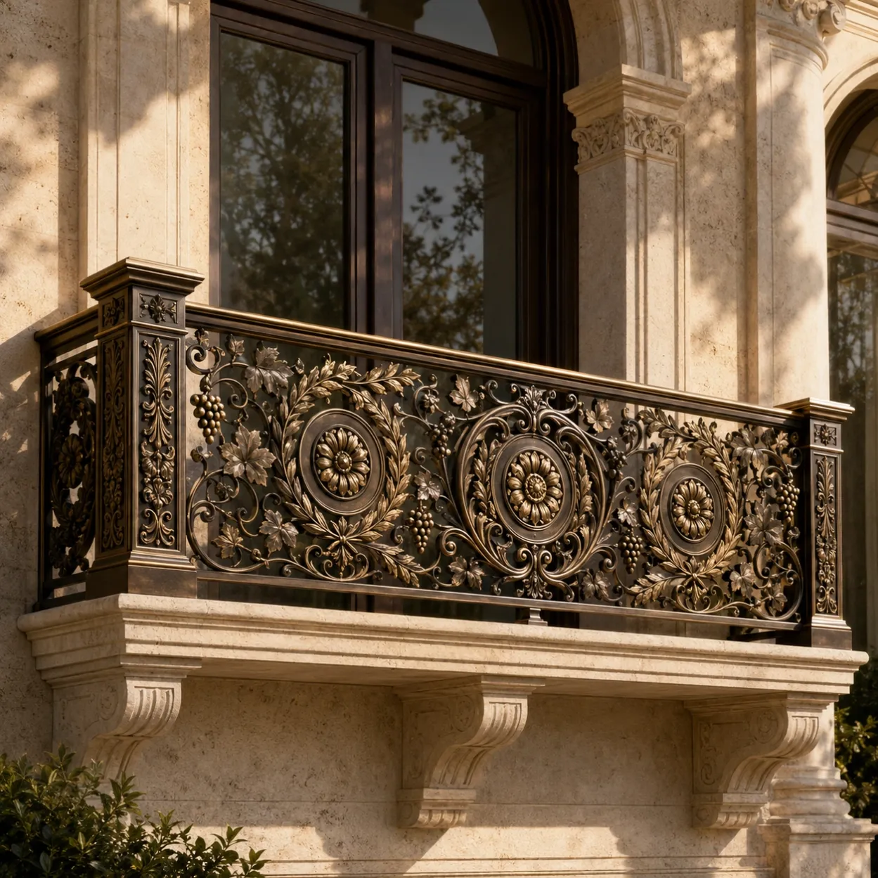 waterfront-home-gold-anodized-aluminum-gothic-arch-balcony-railing