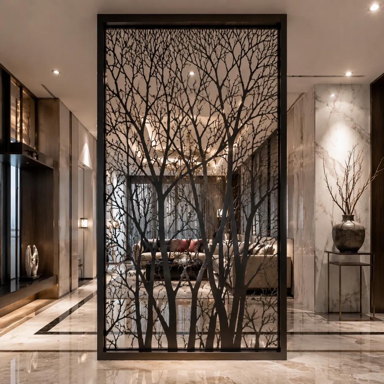corridor-hallway-oxidized-copper-leafy-vine-hollow-screen-room-divider-1