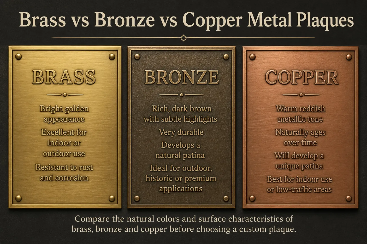 Brass vs Bronze vs Copper Metal Plaques