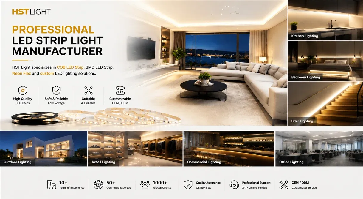 Professional LED strip manufacturer offering COB LED Strip, SMD LED Strip, Neon Flex and custom LED lighting solutions