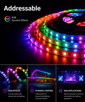 Addressable LED Strip with RGB Dynamic Effects and Programmable Lighting Solutions for Decorative Applications