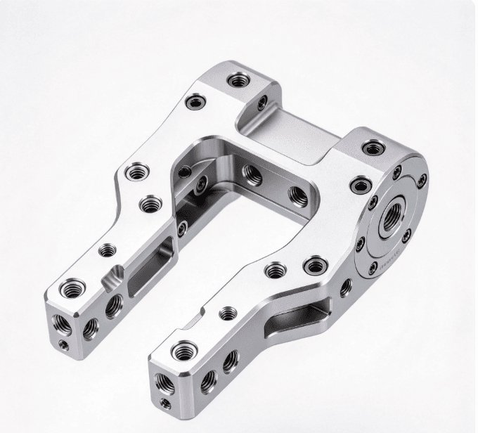 CNC machined aluminium robot joint output yoke with precision bearing bores