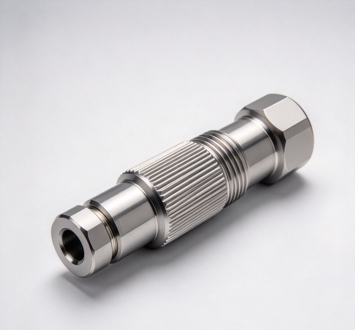 CNC machined stainless steel transmission shaft with bearing seats and internal threads