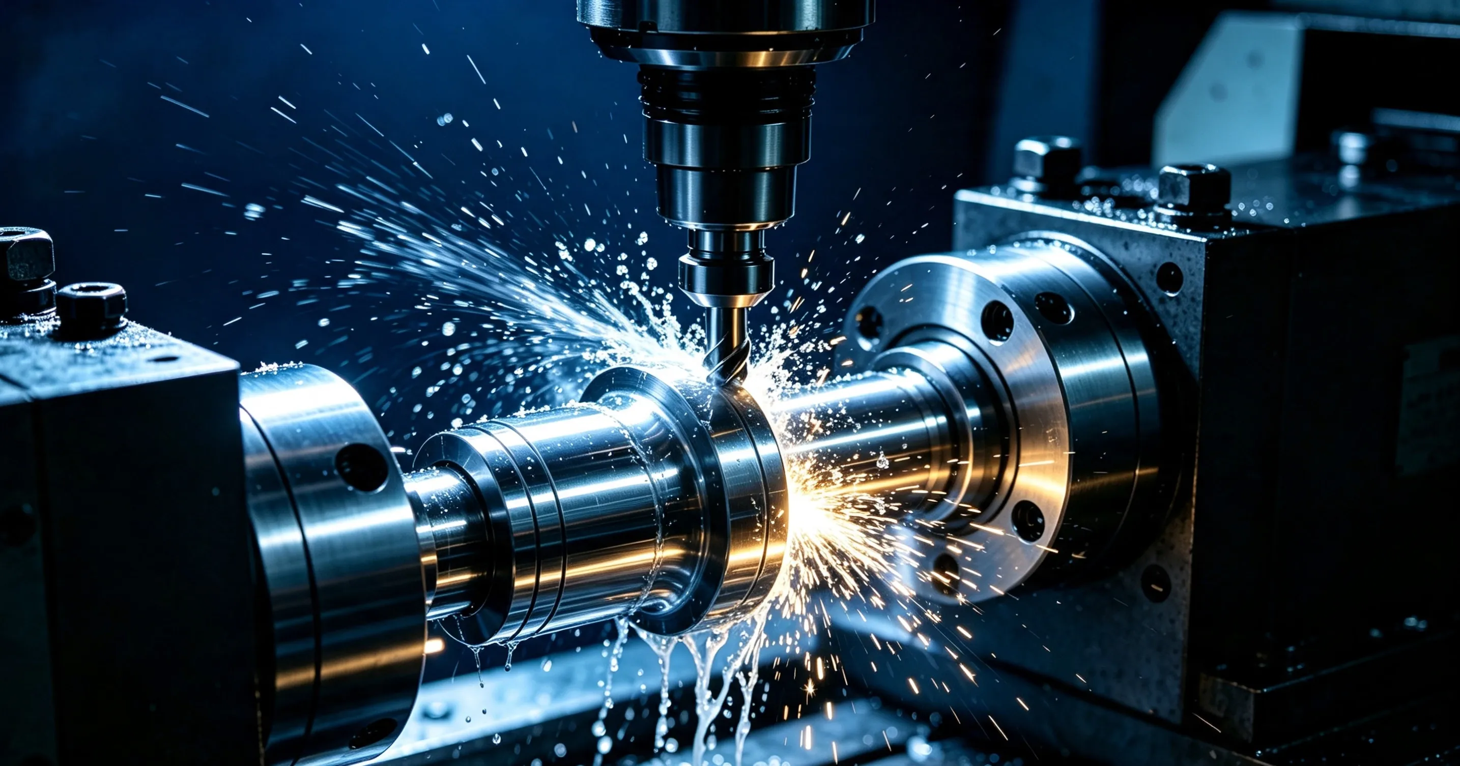 5-axis CNC machining center producing custom precision metal parts in China factory.