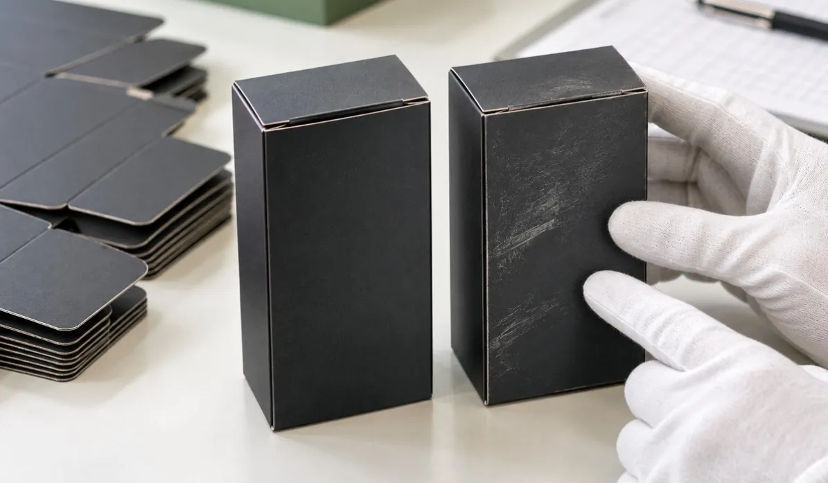 Dark printed folding carton showing visible scuff marks beside a clean carton
