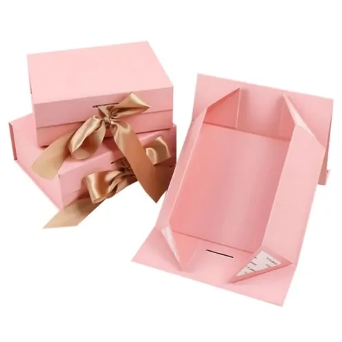 Custom foldable rigid boxes with collapsible structure and ribbon closure