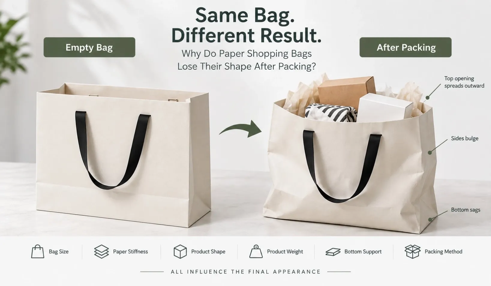 Paper shopping bag losing its shape after packing compared with the same empty bag